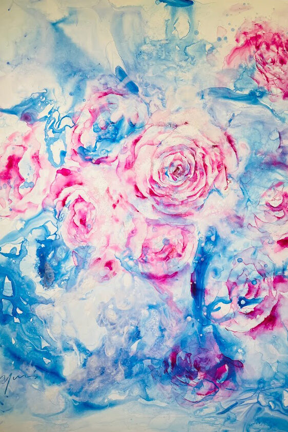 青い薔薇と白龍　アクリル画　180㎜×180㎜